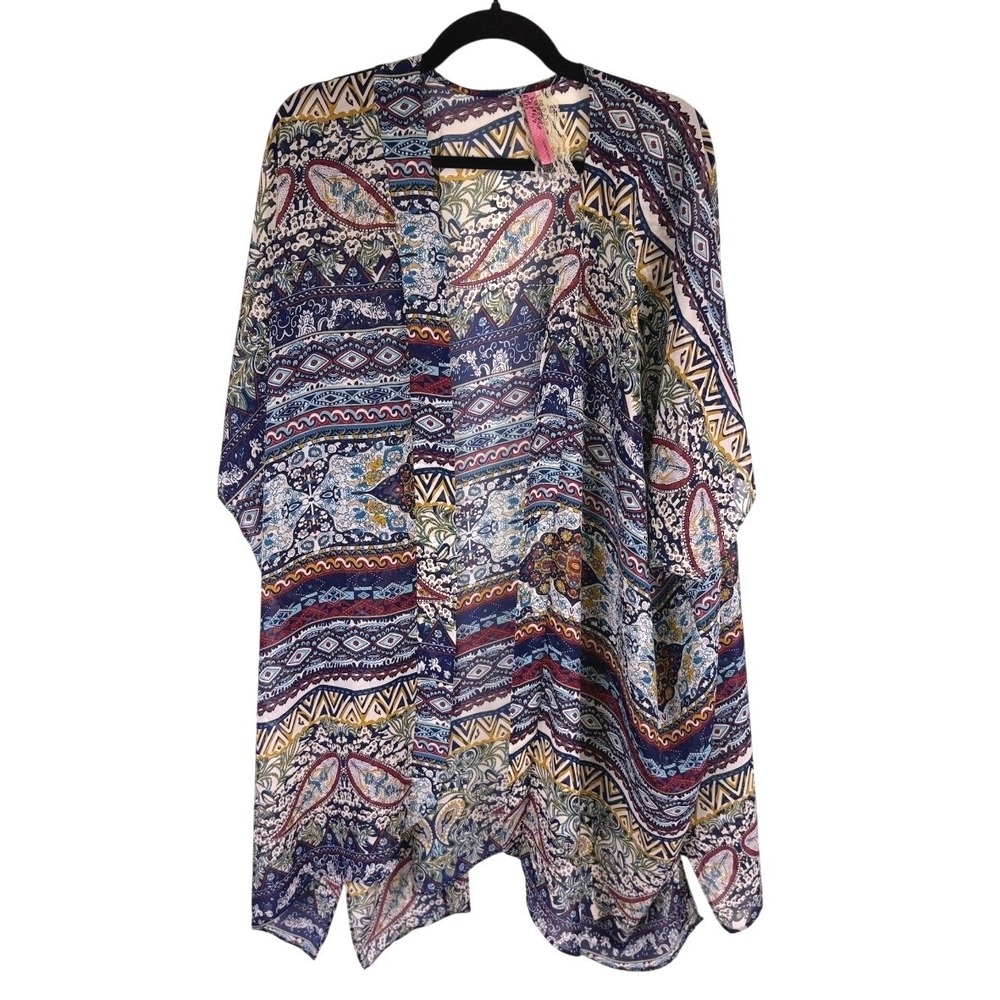 Cinnamon Womens L Paisley Tribal Print Sheer Open Front Kimono Beach Boho Hawaii